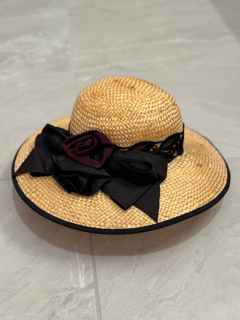 Vintage Straw Sun Hat Black Trim Burgundy Flower Cottagecore